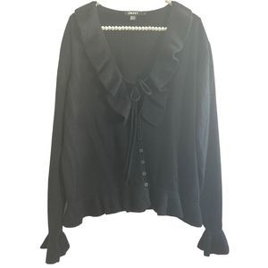 DKNY cashmere cardigan plus size 3X sweater black ruffle trim